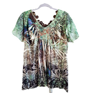 One World Green & Brown Patterned Tunic Y2K crochet babydoll 90s sz XL Top